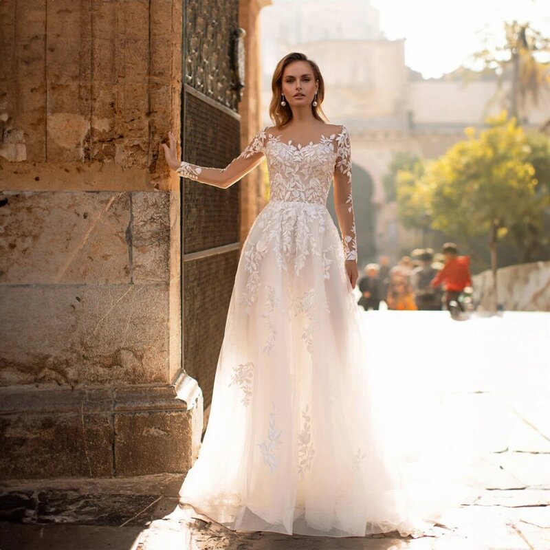 Sheer Neck Floral Applique Lace Tulle Wedding Dress for Women Long Illusion Sleeve A-line Court Wedding Gown robe de mariée