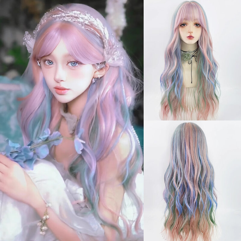 Parrucche da donna ondulate lunghe Ombre arcobaleno con frangia parrucca sintetica per capelli Cosplay Lolita per la festa quotidiana