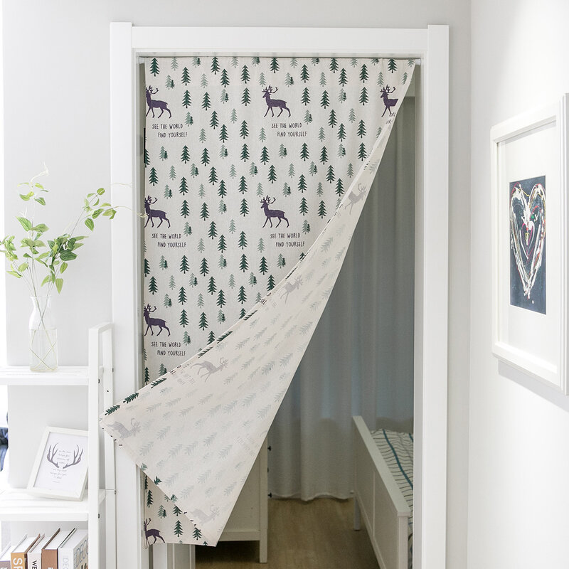 Japonês cartoon árvore e veados porta cortina, algodão e linho cortina, monolítico partição cortina para quarto, cozinha porta decoração