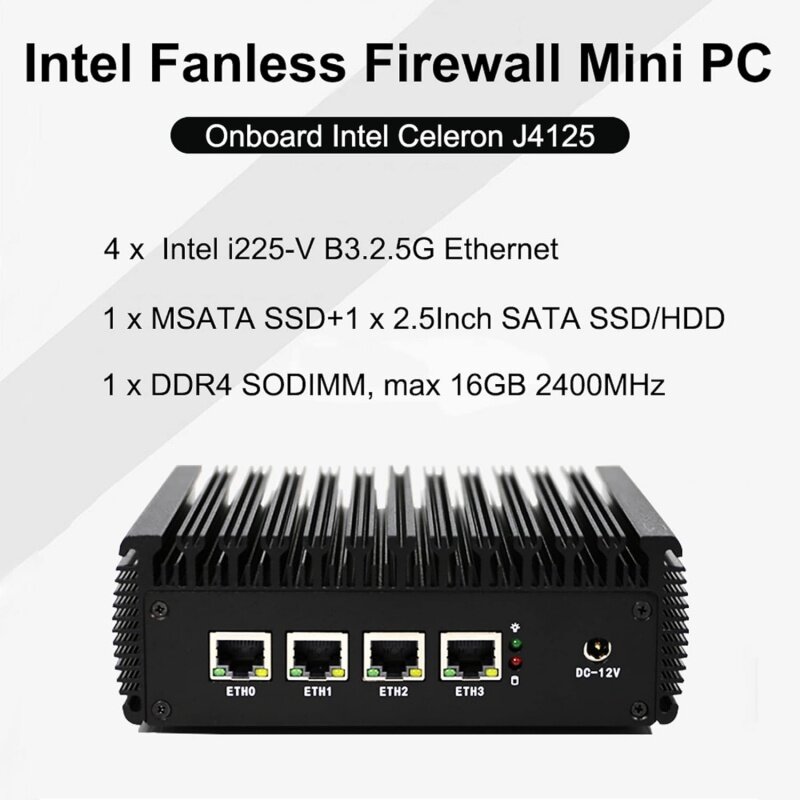 Mini PC 2.5GbE d'appareil de pare-feu, Intel Celeron J4125 façades Core 4xIntel I225-V LAN ExploFanless Routeur de pare-feu PC AES-NI 8GB RA