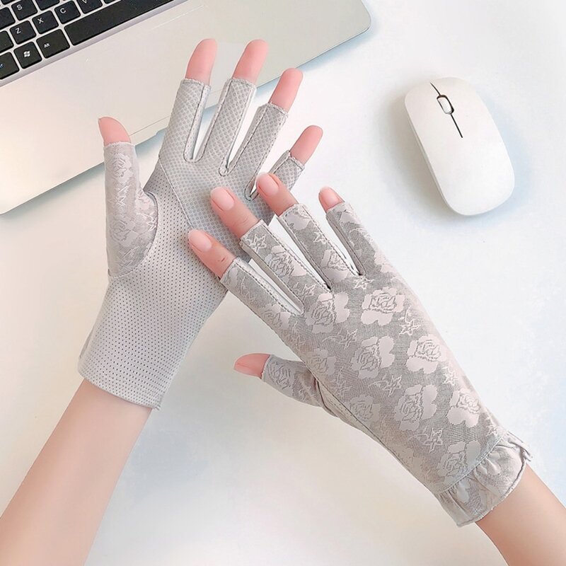 Guanti da guida in pizzo moda fiori in rete guanti mezze dita in cotone eleganti guanti per la protezione solare da donna