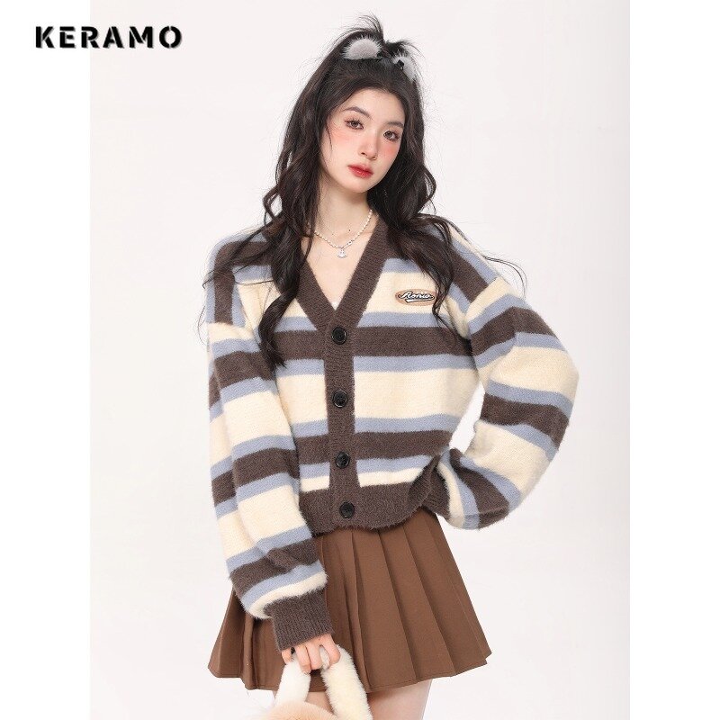 Pulôver de tricô vintage feminino manga comprida, suéter casual listrado, blusa solta com decote em v, moda feminina, outono, inverno, 2023