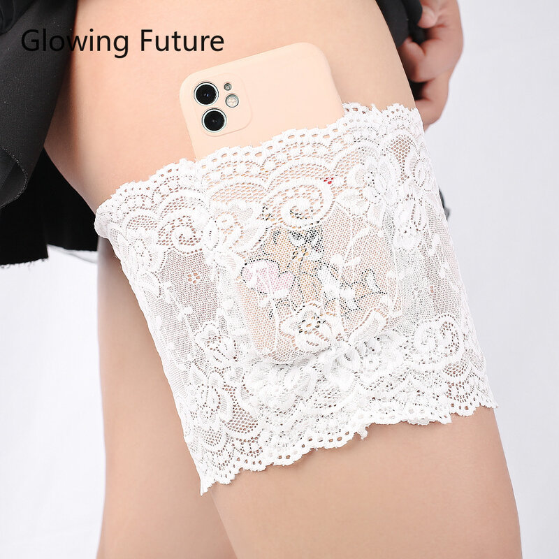 Glowing Future-Calcetines cálidos de encaje para mujer, medias antideslizantes de silicona, transpirables, a la moda, con bolsillo para teléfono móvil