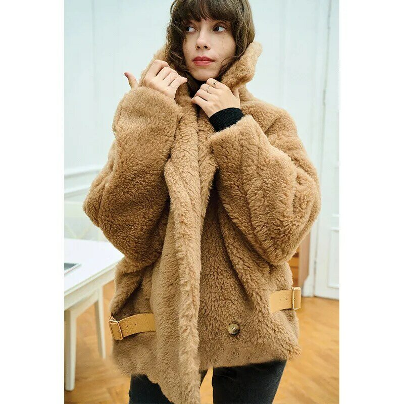 Teddy Bear Camel mantel wol wanita, mantel bulu pendek wol domba asli 2023, mantel musim dingin