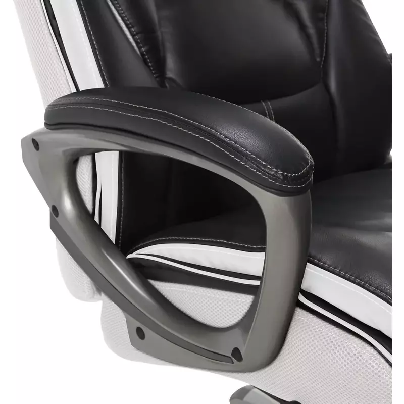 Silla de oficina ergonómica para ordenador, hecha de cuero y malla, equipada con cintura contorneada y bobinas cómodas, blanco y negro