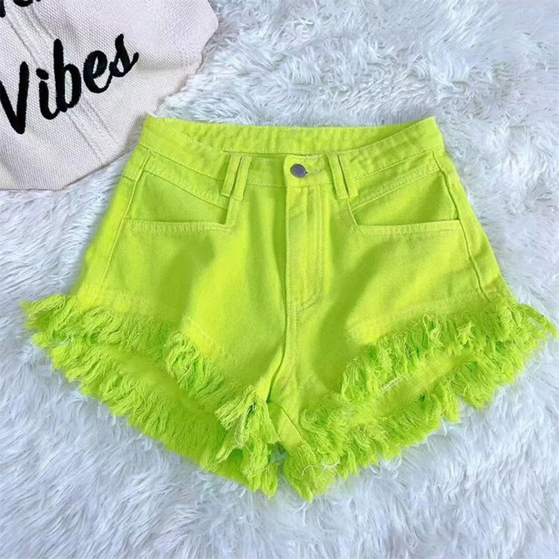 Mode Groene A-Line Casual Denim Shorts Voor Dames Streetwear 2024 Zomer Nieuw Tij Kwastje Wijde Pijpen Hete Roze Korte Jeans Dames