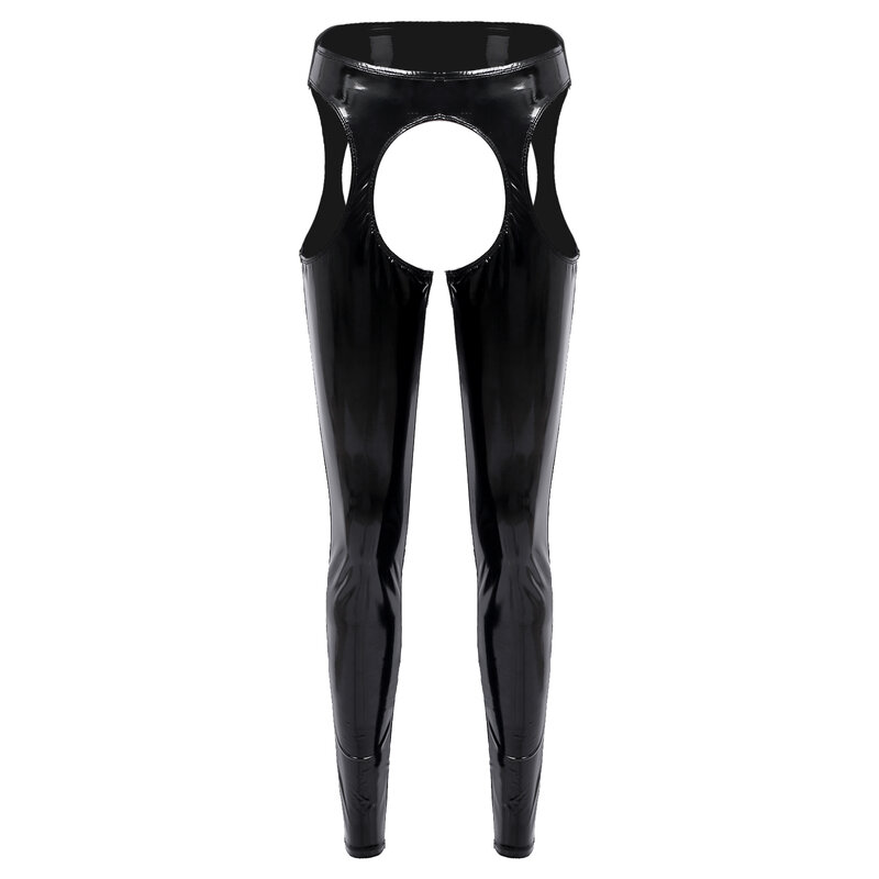 Womens Patent Leather Wet Look Thigh-High Tights Suspender Pants Leggings Long Trousers Crotchless Open Butt Skinny Clubwear