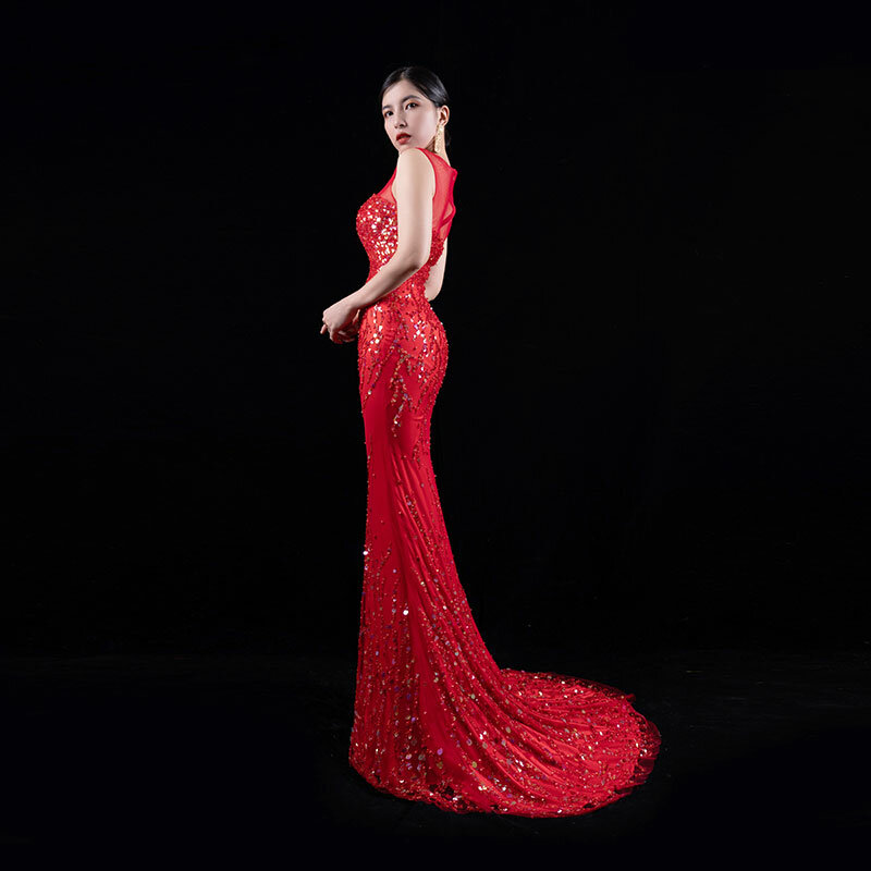 Baisha gaun malam merah jamuan gaun pernikahan tanpa lengan Fashion manik-manik buatan tangan berat dapat dilepas gaun pas badan kustom H656