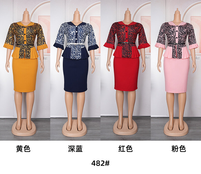 Fausse robe imprimée deux pièces pour femmes africaines, robe professionnelle, grande taille, 482 #