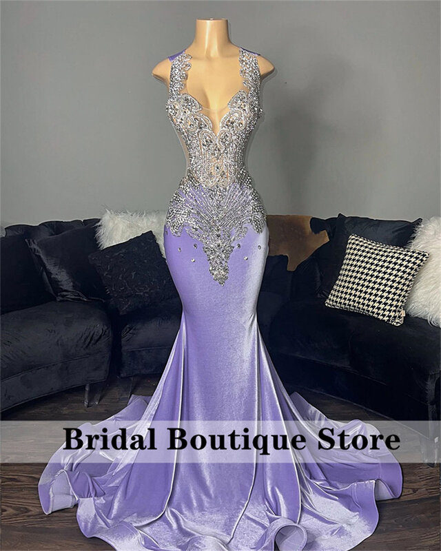 Gaun Prom beludru Lavender ungu seksi untuk Gadis hitam manik-manik Glitter kristal berlian imitasi jubah pesta ulang tahun gaun malam