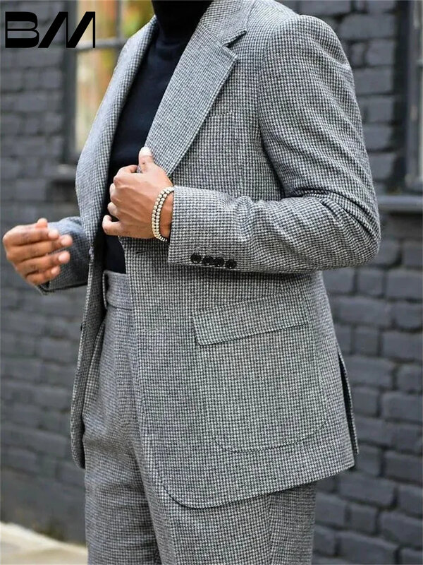 Elegant Single Button Men Suits Lapel Groom Tuxedos Groomsmen Wedding Suit Prom Blazer Plaid 2 Pieces Prom Jacket Pants