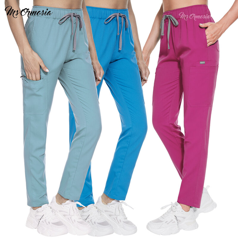 Solid Color Elastic Medical Scrubs Pants Nurse Work Pants Adjustable Waist Doctor Trousers Dental Uniforms Bottoms High Quality