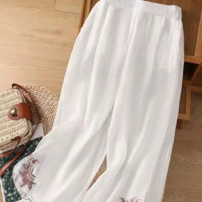 Celana panjang kasual wanita, kelas atas gaya China Retro bordir katun Linen lebar tambal sulam pinggang tinggi saku pelangsing Musim Panas 2024