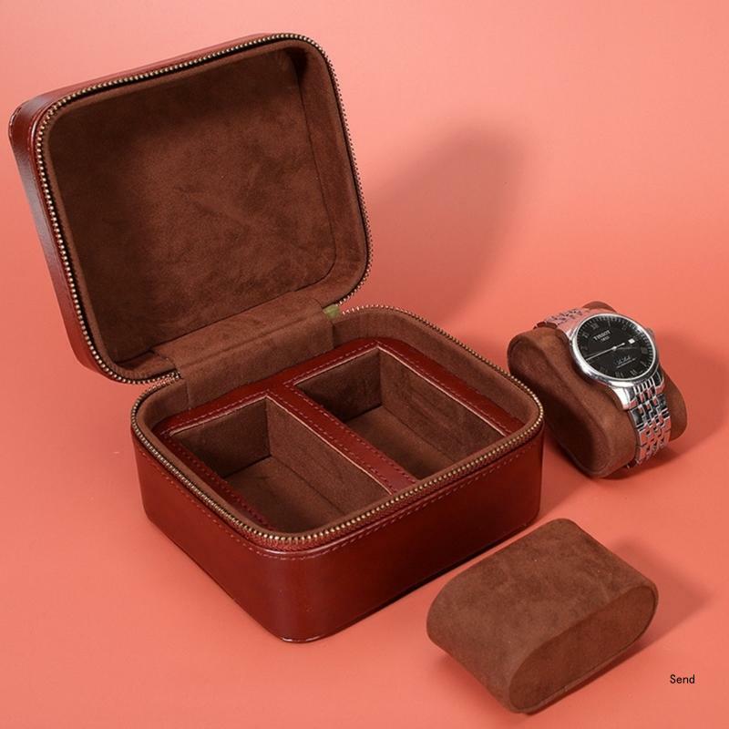 Bolsa compacta couro PU com 2 slots para relógio Soft forro Caixa armazenamento para relógios