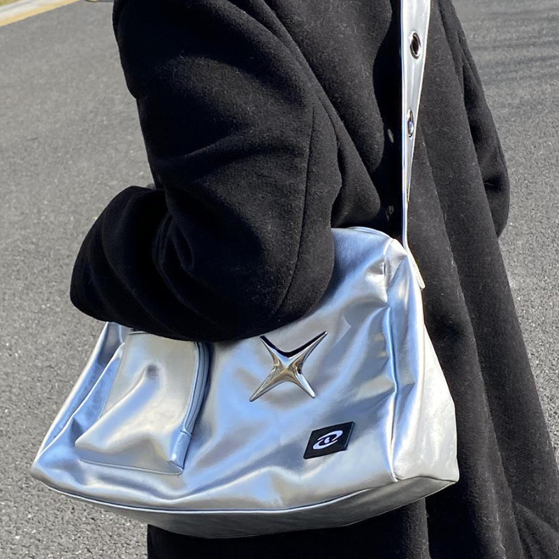 MBTI Silver Y2k Tote Bags for Women Aesthetic Luxury Designer Large Capacity Shoulder Bag Commuter Pu Leather Shopper Handbag