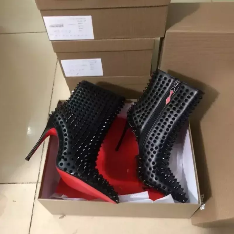Botines de suela roja de cristal para mujer, zapatos de punta estrecha, modernos, de lujo, de alta calidad, a la moda, para fiesta y otoño