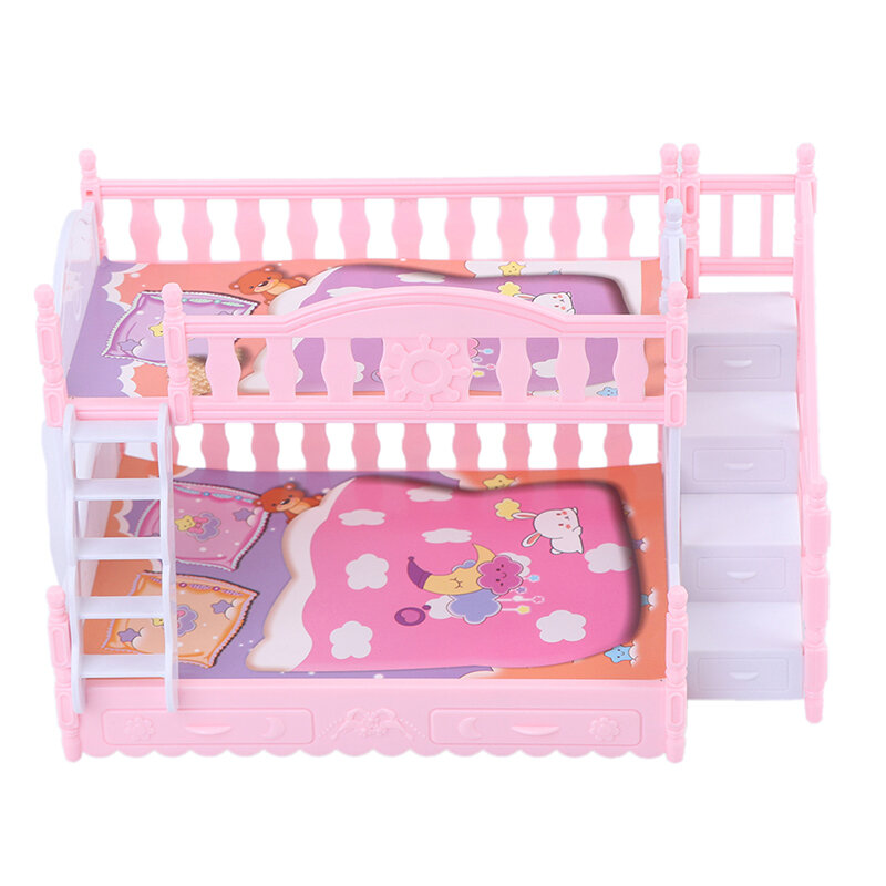 Boneka rumah bermain anak, aksesori boneka Barbie, furnitur putri Eropa, tempat tidur ganda dengan tangga