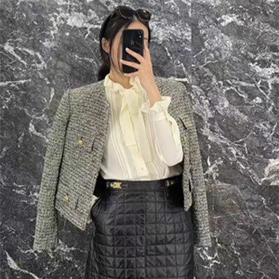 Jaket Wanita Atasan kardigan wol aroma kecil, Atasan temperamen modis Korea pendek musim gugur musim dingin 2024