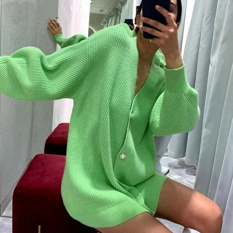 Fashion Ribbing V-neck Single Breasted Knitted Cardigans Women Loog Loose Casual Knitted Sweater Autumn Winter All-match Sweater
