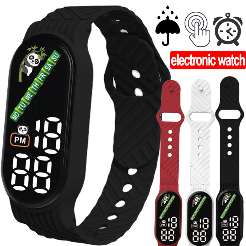 Jam tangan Digital anak, jam tangan Panda lucu Digital tahan air tampilan LED elektronik tali silikon mode kampus warna pengukur waktu