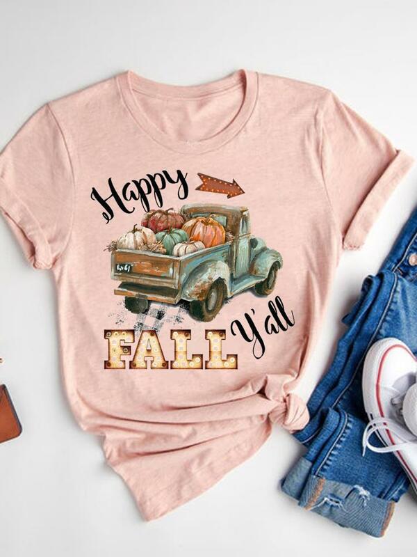 Camião xadrez feminino e camiseta estampada com abóbora, camiseta feminina de ação de graças, camiseta básica, roupa superior, Halloween, outono, outono