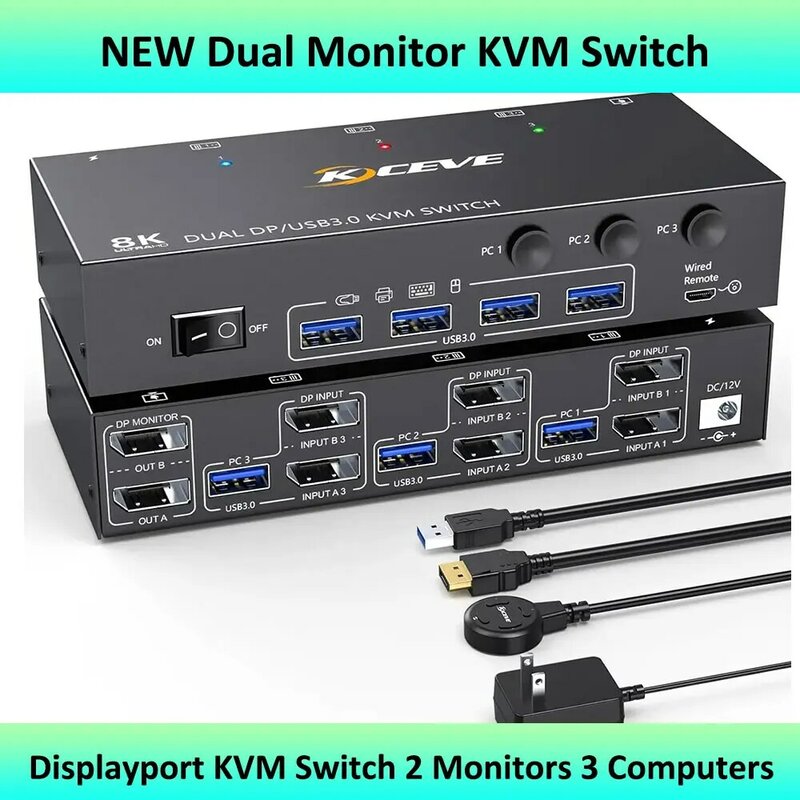 Podwójny przełącznik KVM monitora, USB 3.0 Displayport przełącznik KVM 2 monitory 3/4 komputery 8K @ 30Hz 4K @ 144Hz, 3/4 komputery dzielą 2 monitory