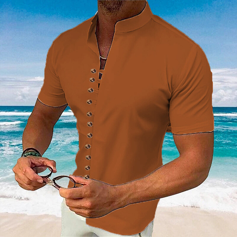Camicie in cotone allentato tinta unita moda uomo stile spiaggia Casual abbottonato colletto alla coreana camicia manica corta cardigan per il tempo libero da uomo