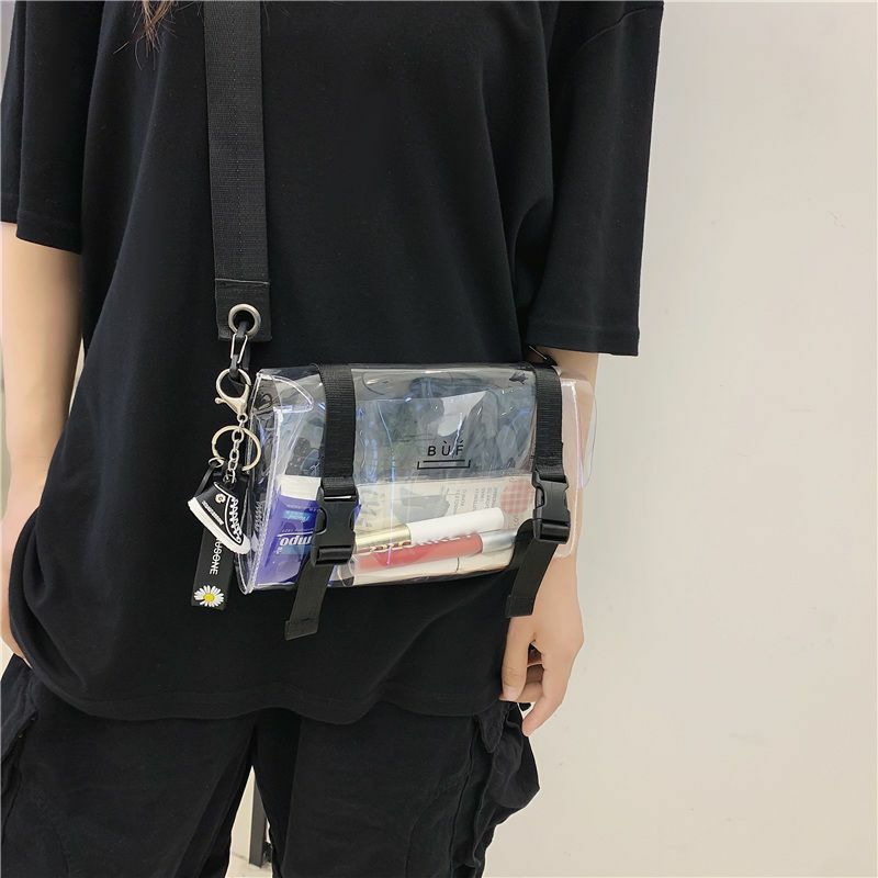 Bolsa transversal de PVC transparente masculina, terno de ombro único, bolsa para salto boate, flip preto, moda coreana