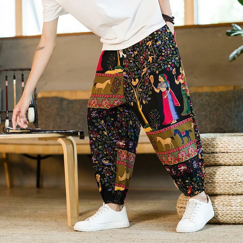 Pantaloni stampati boemia da uomo pantaloni Casual Harajuku Streetwear giapponesi pantaloni moda in lino di cotone stile cinese pantaloni Nepal