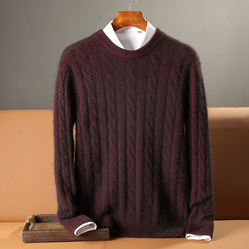 100% Pure Mink Cashmere Sweaters Men's O-Neck Thickened Pullover Autumn and Winter Men Warm Casual Knitted Large Size Twist Tops