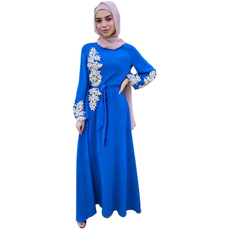 Wanita Muslim Dubai gaun Maxi lengan panjang gaun Floral renda manik-manik Hijab Kaftan