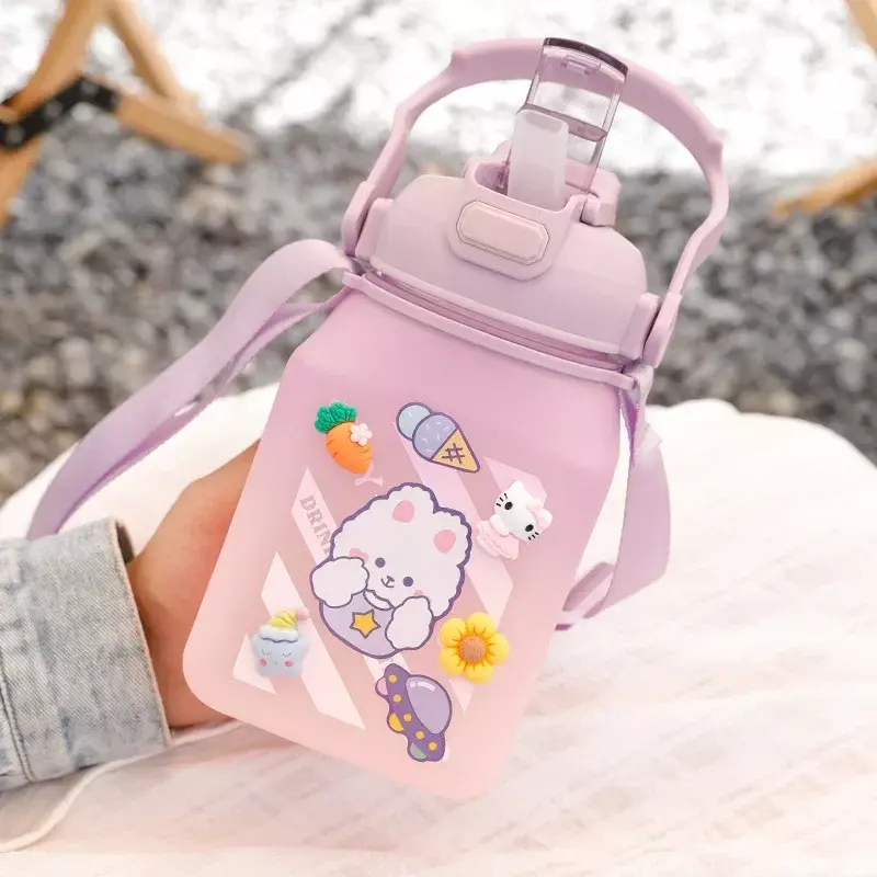 1200ml Four Seasons Square Belly Cup Children's Gradual Sports Bottle Matte Grass Cup Large Capacity Water Cup Cute Bottle