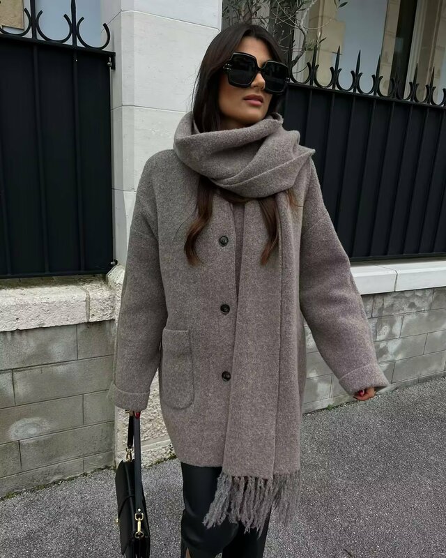 Women 2023 New Fashion With Scarf Loose Single Breasted Knitted Coat Vintage Long Sleeve Pockets Female Outerwear Chic Overshirt
