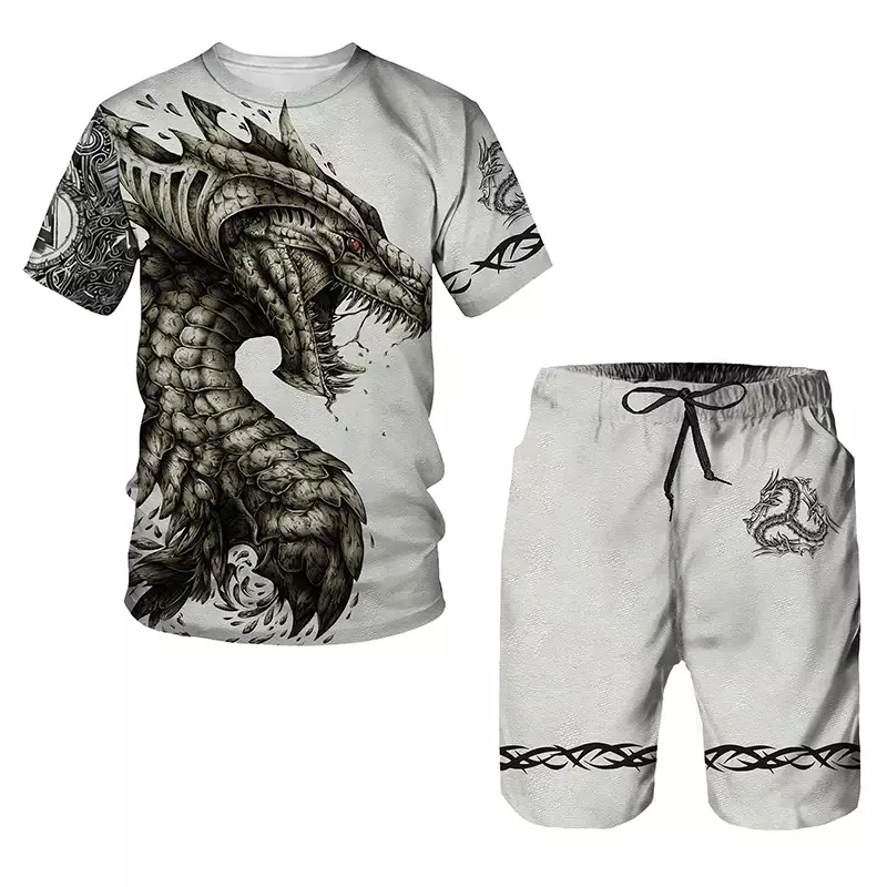 Футболка мужская с 3D-принтом дракона, повседневный комплект из 2 предметов, футболка с круглым вырезом и шорты, трендовая одежда, пуловер, лето