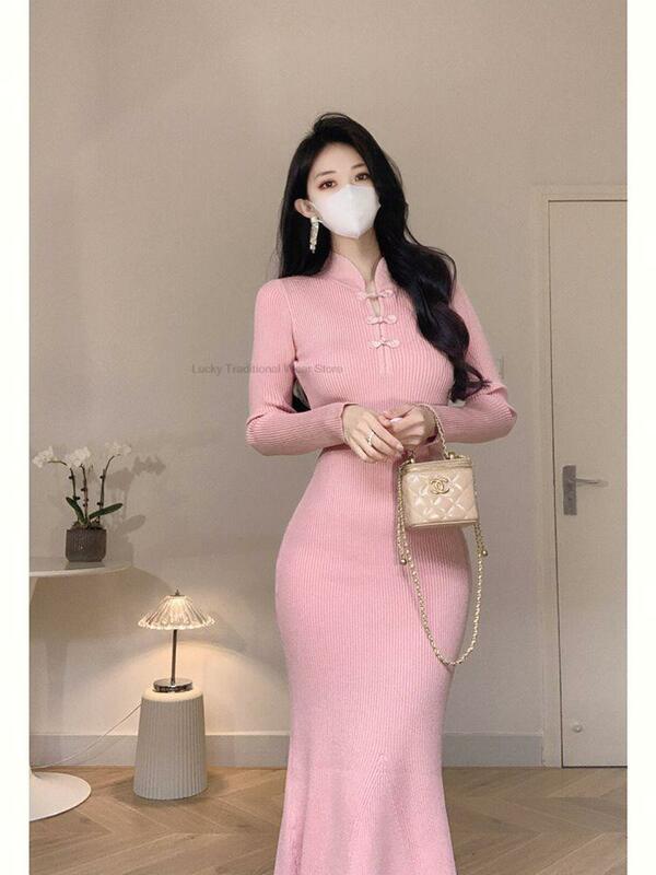 New Chinese Style Pink Gentle Young Lady elegante Gentle Pure Desire Women Knitting Daily Cheongsam Bottoming Sexy Qipao Dress