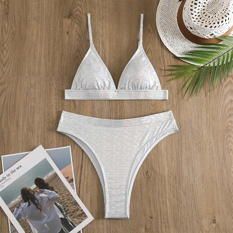 Bikinis plateados de cintura alta para mujer, bañador Sexy de dos piezas, ropa de playa, conjunto de Bikini brasileño 2024
