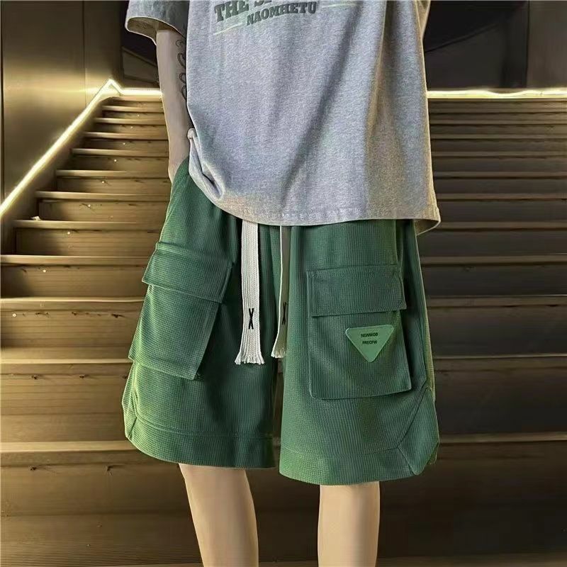 Мужские шорты-карго с вафельным принтом, зеленые мешковатые шорты с завязками, мужские широкие свободные шорты с несколькими карманами, модные шорты, 2024, Y2k