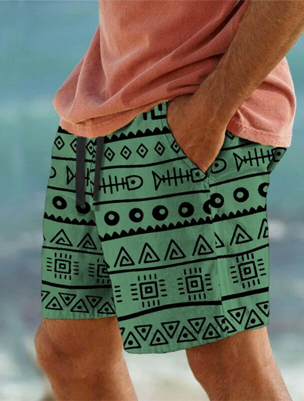 Pantalones cortos de sudor para hombre, Shorts de playa con cordón, cintura elástica, estampado 3D, geometría, transpirables, ropa de calle diaria, estilo étnico