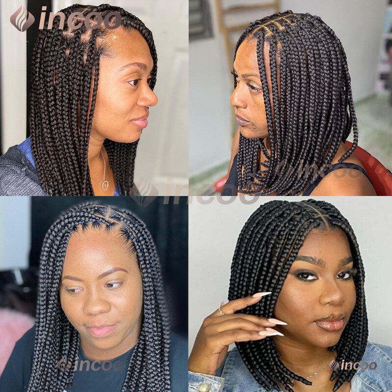 Goddess Short Bob Box Braided Wig For Black Women Locs Twist Braided Wigs 360 HD Full Lace Wig Curly Box Knotless Synthetic Wigs