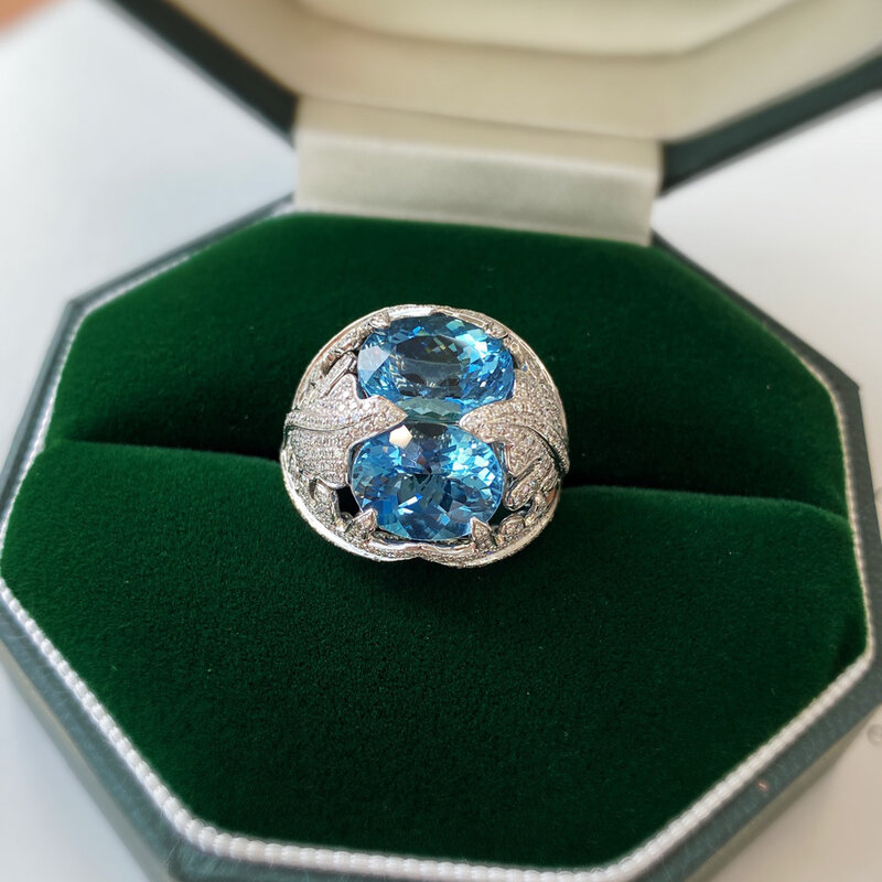 Luxury Aquamarine แหวนเพชร925เงินสเตอร์ลิงงานแต่งงานแหวนสำหรับเจ้าสาวสัญญาหมั้นเครื่องประดับของขวัญ