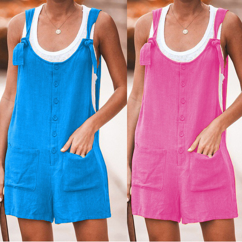 Jumpsuits For Women Dressy Casual Solid Pocket Romper Long Playsuit Strap Button Jumpsuit For Women Summer Combinaison Femme