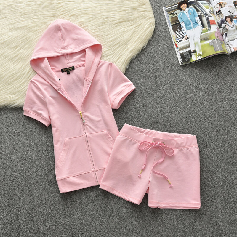 Комплект из 2 предметов для женщин, толстовка с коротким рукавом и молнией и хлопковые дышащие шорты для бега, летний комплект одежды
