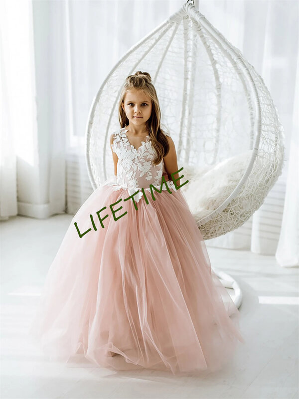 子供のためのピンクの花柄のドレス,レースのアップリケ,弓のボタン,花嫁介添人のイブニングドレス