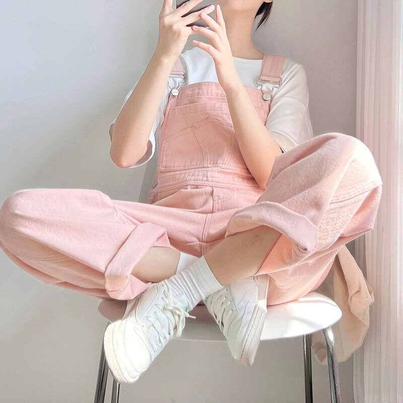 Spring/Summer 2023 New Pink Denim Strap Pants Women's Korean Loose High Waist Straight Jumpsuit