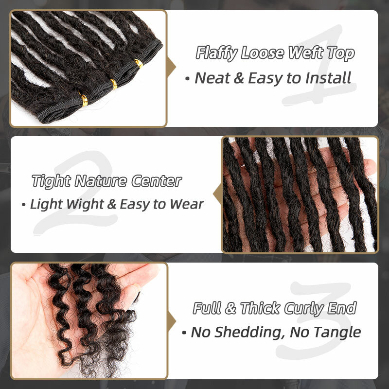 100% Virgin Human Hair Weft Dreadlocks 8-12 inches Full Head Handmade Dreads Loc Extensions with Natural Curly Ends 1B Ombre