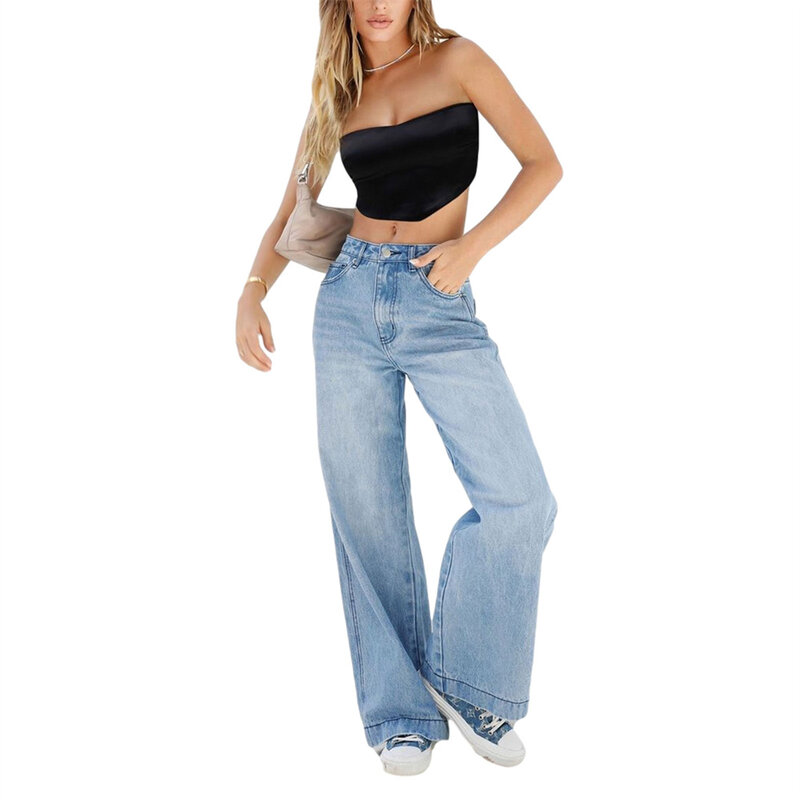 Frauen Jeans einfarbig weites Bein Jeans hose lässig lose Baggy Hose mit Taschen Freund y2k E-Girl Streetwear