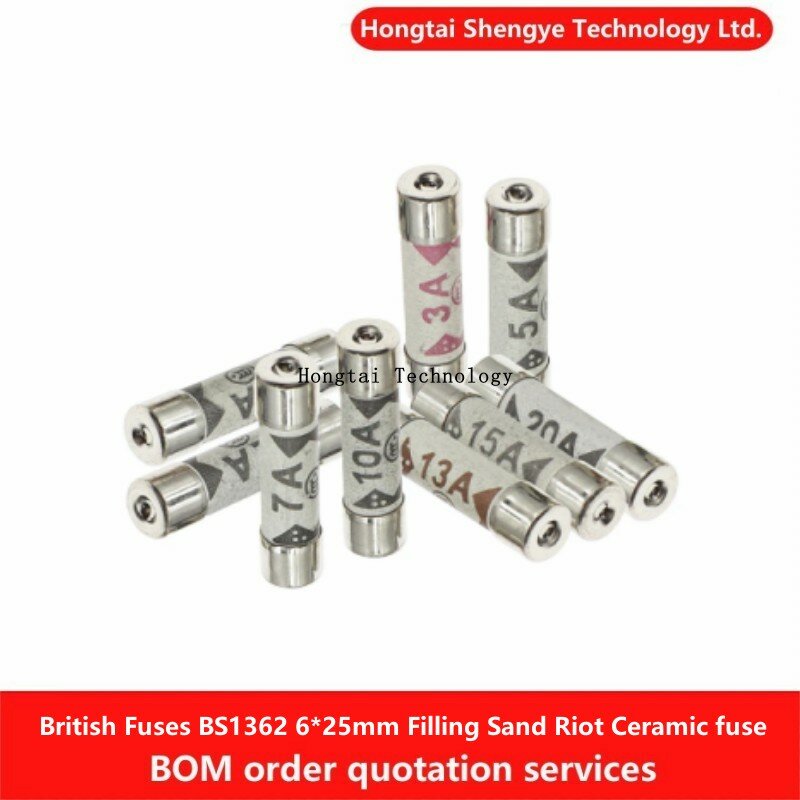 Fusible británico BS1362, 6x25mm, lata rellena de arena, fusible de cerámica resistente al vandalismo, 6x25MM, 3A, 5A, 10A, 13A, 250V