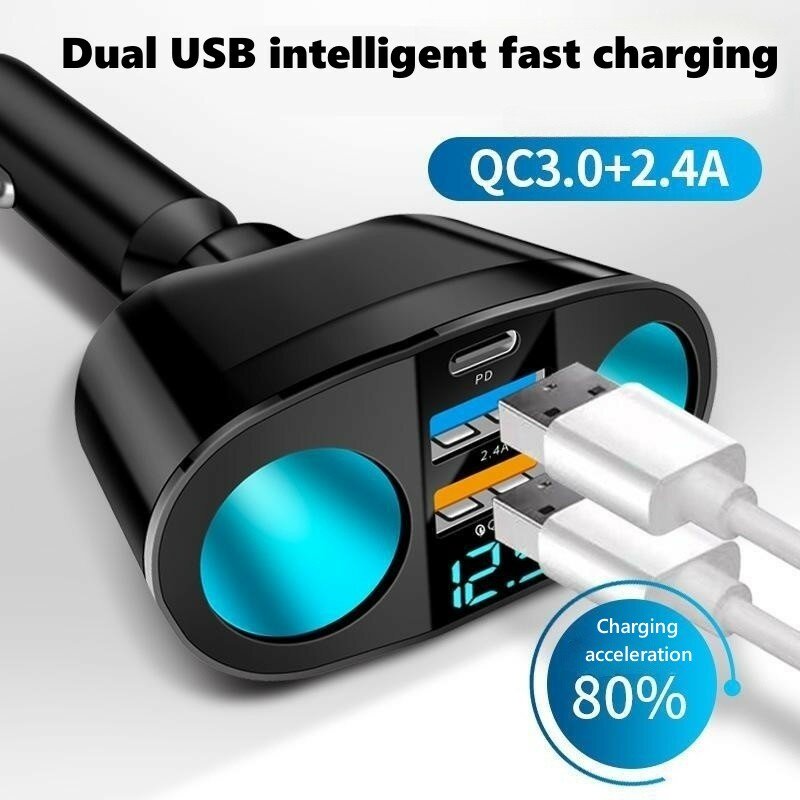 Nowy podwójny rodzaj USB-C ładowarka samochodowa rozszerzalny wyświetlacz cyfrowy do zapalniczki QC3.0 szybko ładująca się wielofunkcyjna ładowarka samochodowa