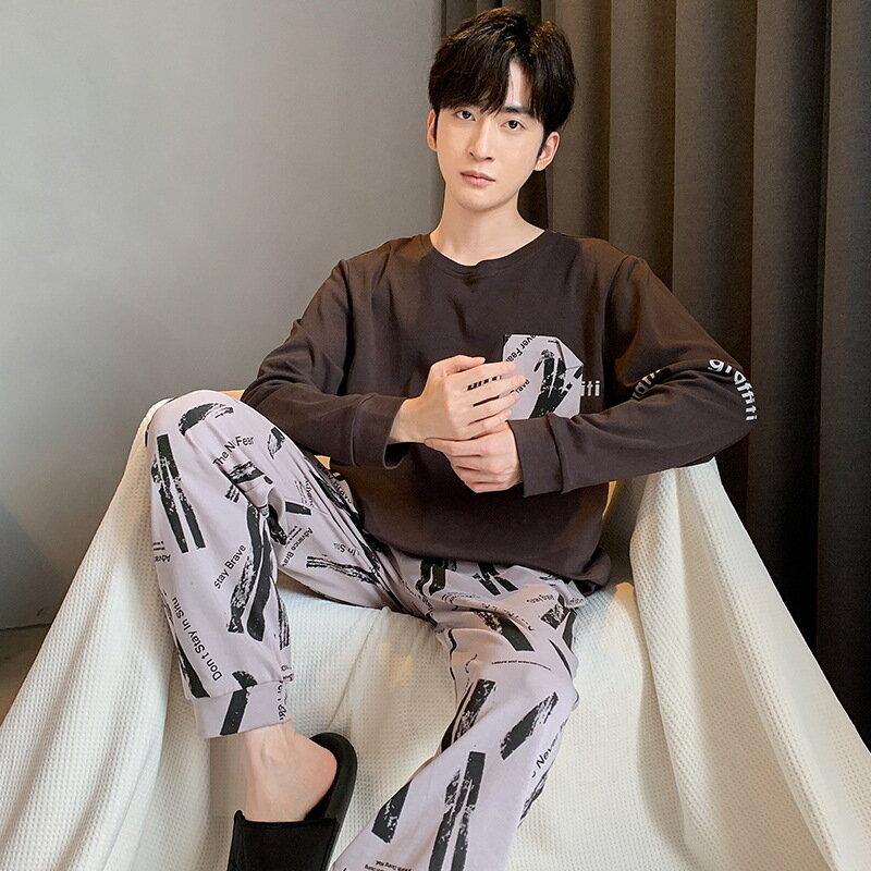 Pijama coreano de algodão solto masculino, manga comprida, casual, moda para adolescentes, outono e primavera