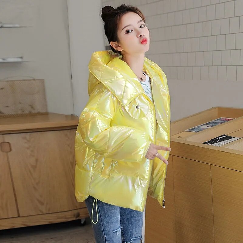 Leisure Down Cotton Coat Female Autumn And Winter Korean Version Loose Fashion Hooded Glossy Add ThickSshort Parka Women Jacket